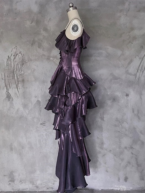 Purple Satin High Low Stylish Long Formal Dress, Purple Prom Dress Evening Dress