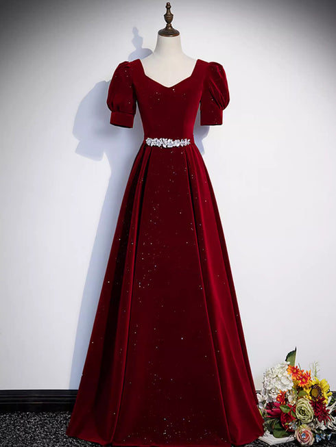 Wine Red A-line Velvet Beaded Party Dress, Wine Red Velvet Long Prom Dress