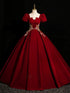 Wine Red Velvet Short Sleeves Long Party Dress, Wine Red Prom Dress with Lace
