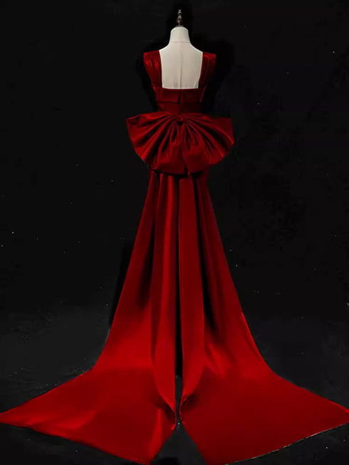 Wine Red Satin Straps Mermaid Long Formal Dress, Wine Red Prom Dress Evening Dress