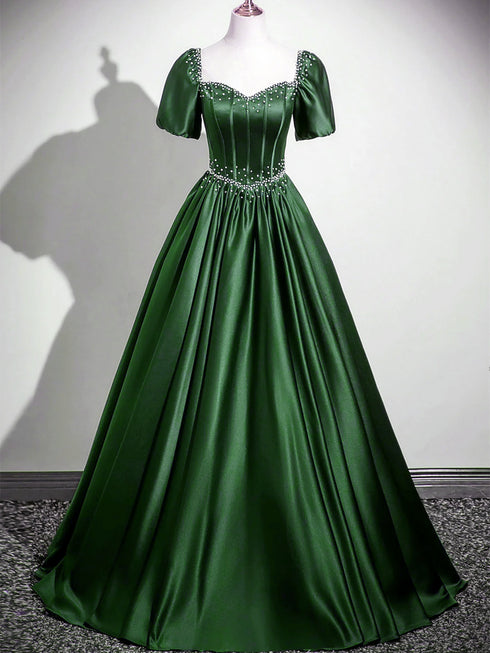 Green Satin Beaded Short Sleeves Long Formal Dress, Green Sweetheart Prom Dress