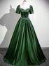 Green Satin Beaded Short Sleeves Long Formal Dress, Green Sweetheart Prom Dress