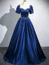 Navy Blue Satin Sweetheart Pearls Short Sleeves Party Dress, Navy Blue Long Prom Dress
