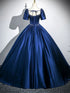 Navy Blue Satin Sweetheart Pearls Short Sleeves Party Dress, Navy Blue Long Prom Dress