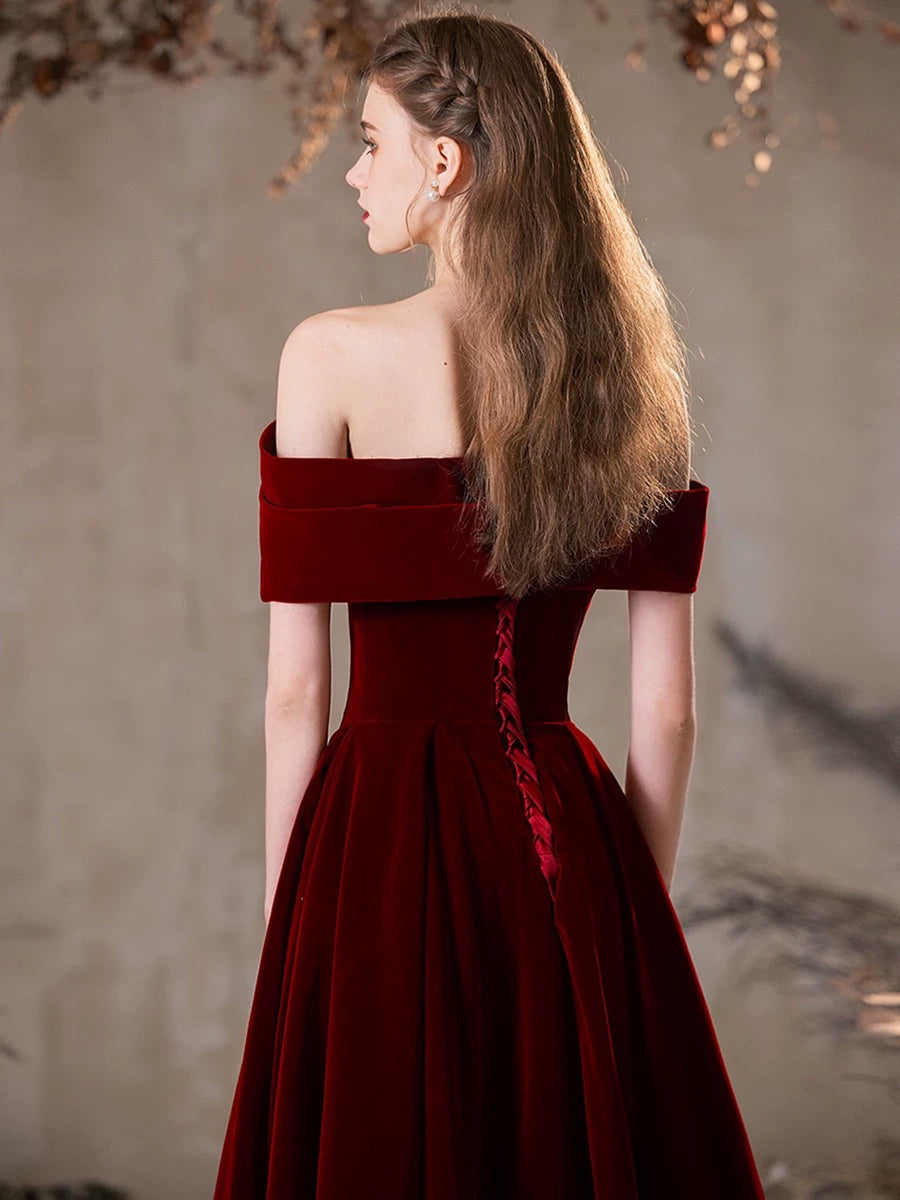 Wine Red Velvet Off Shoulder Party Dress, A-line Velvet Bridesmaid Dress Prom Dress