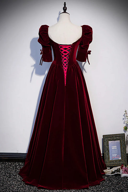 Wine Red Velvet A-line Short Sleeves Wedding Party Dress, Wine Red Prom Dress