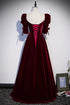 Wine Red Velvet A-line Short Sleeves Wedding Party Dress, Wine Red Prom Dress