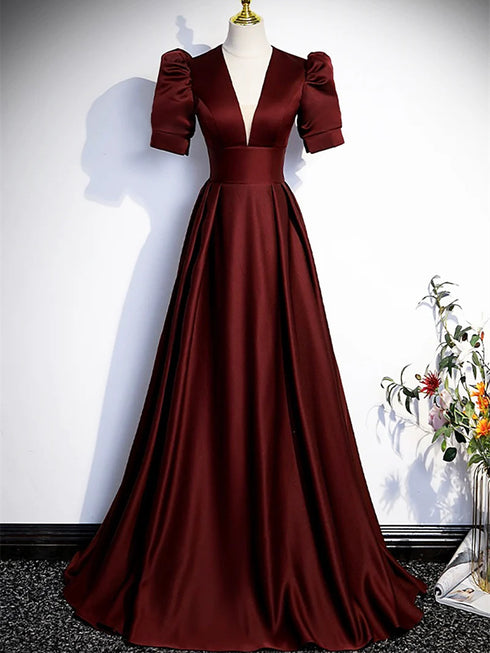 A-line Short Sleeves V-neckline Satin Prom Dress, Long Evening Dress Party Dress