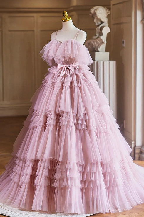 Pink Tulle Ball Gown Straps Layers Party Dress, Pink Sweet 16 Dress Formal Dress