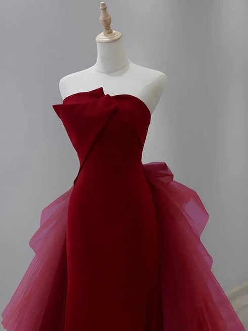 Glam Wine Red Satin And Tulle Long Party Dress, Strapless Wine Red Evening Dress