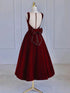 A-line Wine Red Velvet Tea Length Party Dress, Wine Red Velvet Prom Dress