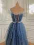 Dark Blue Beaded Straps Low Back Tulle Prom Dress, Blue A-line Party Dress