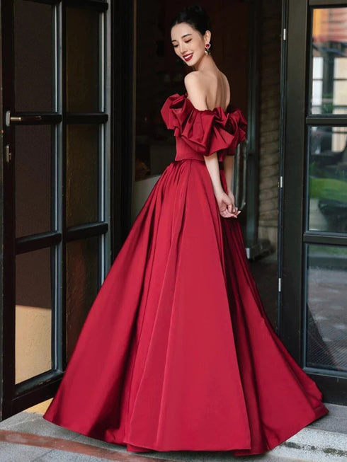 Wine Red Satin Off Shoulder Long Party Dress, Simple Wine Red Prom Dress