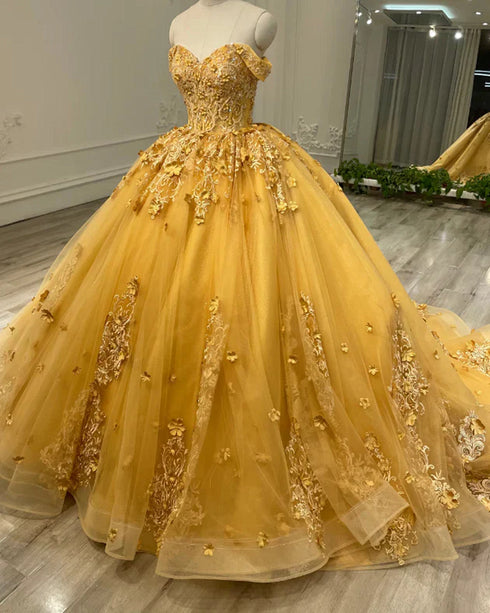 Gold Tulle with Lace Applique Sweet 16 Gowns, Off Shoulder Quinceanera Dresses