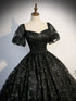Black Lace  Short Sleeves Long Evening Dress, Black Sweetheart Prom Dress Party Dress