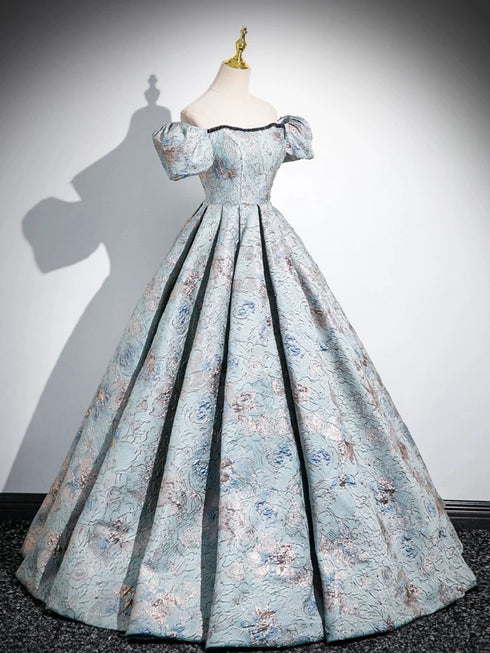 Grey Floral Satin A-line Short Sleevse Party Dress, Green Satin Long Prom Dress