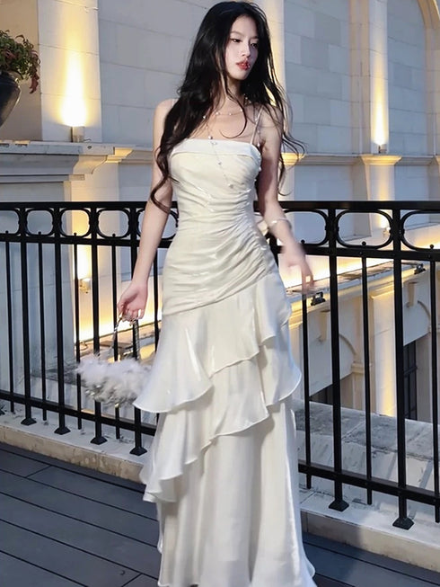 White Mermaid Straps Layers Satin Party Dress, White Satin Long Prom Dress Evening Dress
