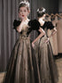 A-line Black Tulle and Velvet Floor Length Party Dress, Short Sleeves Black Prom Dress