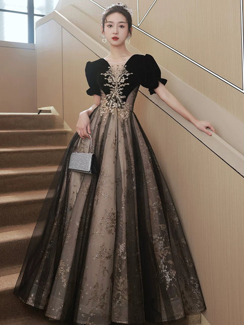 A-line Black Tulle and Velvet Floor Length Party Dress, Short Sleeves Black Prom Dress