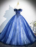 Blue Tulle with Lace Off Shoulder Party Dress, Blue Tulle Sweet 16 Dress