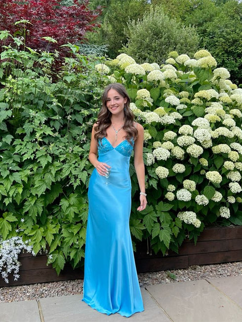 Lovely Long Blue Straps Sweetheart Party Dress Formal Dress, Blue Satin Prom Dress