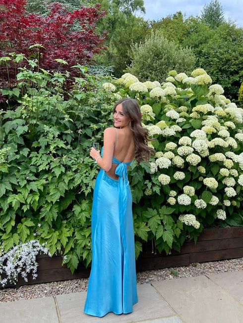 Lovely Long Blue Straps Sweetheart Party Dress Formal Dress, Blue Satin Prom Dress