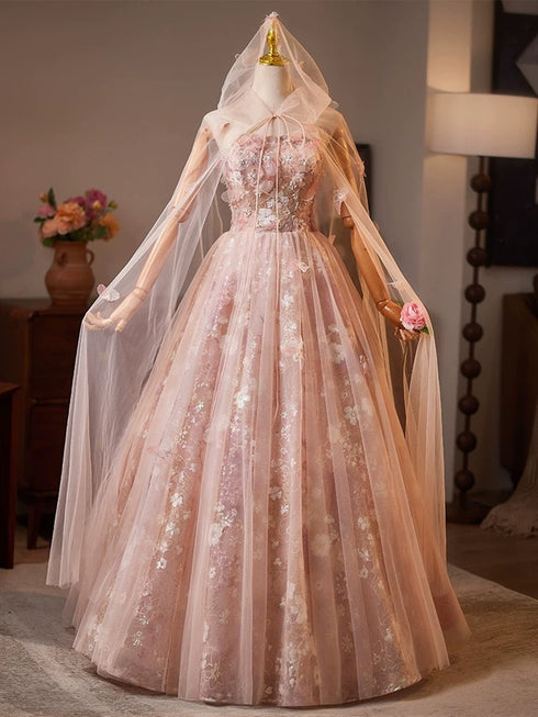 A-line Pink Tulle with Lace Floor Length Party Dress, Pink Lace Prom Dress with Cape