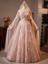 A-line Pink Tulle with Lace Floor Length Party Dress, Pink Lace Prom Dress with Cape