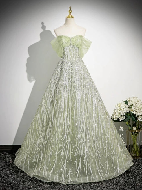 A-line Light Green Tulle Beaded Sweetheart Party Dress, Light Green Long Prom Dress