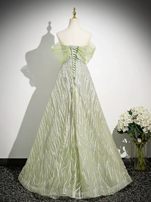 A-line Light Green Tulle Beaded Sweetheart Party Dress, Light Green Long Prom Dress