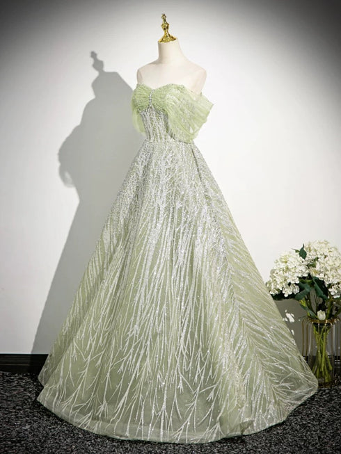 A-line Light Green Tulle Beaded Sweetheart Party Dress, Light Green Long Prom Dress