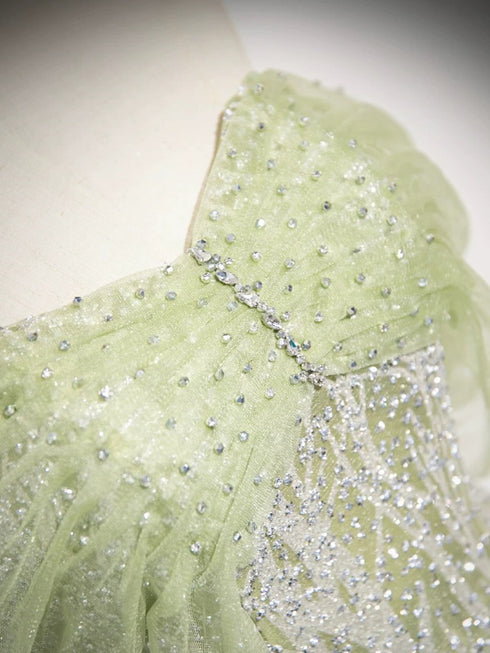 A-line Light Green Tulle Beaded Sweetheart Party Dress, Light Green Long Prom Dress