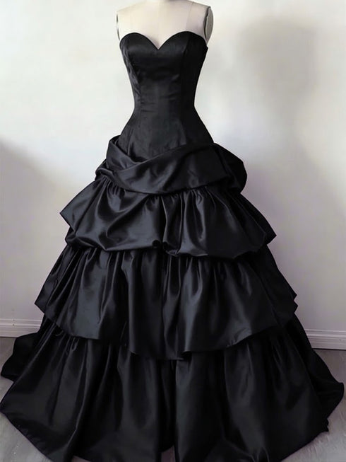 Black Satin Layers Sweetheart Straps Prom Dress, Black Gothic Long Formal Dress