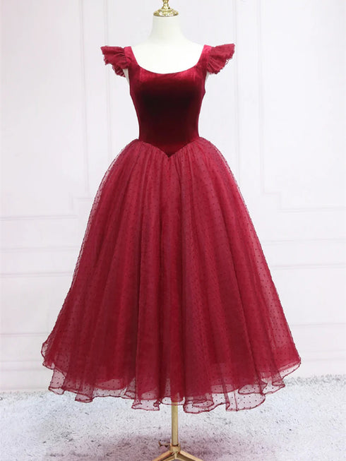 Wine Red Velvet Tea Length Round Neckline Formal Dress, Wine Red Velvet Prom Dress