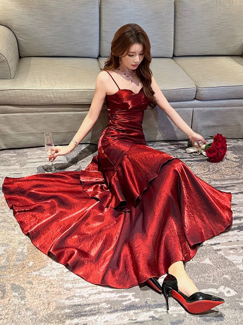 Wine Red Sweetheart Mermaid Straps Satin Party Dress, Wine Red Satin Prom Dress