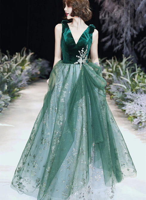Green A-line Tulle Long Evening Dress Prom Dress, Green Tulle Party Dress