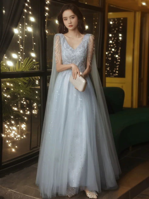 Light Blue V-neckline Beaded Floor Length Prom Dress, Light Blue Tulle Party Dress