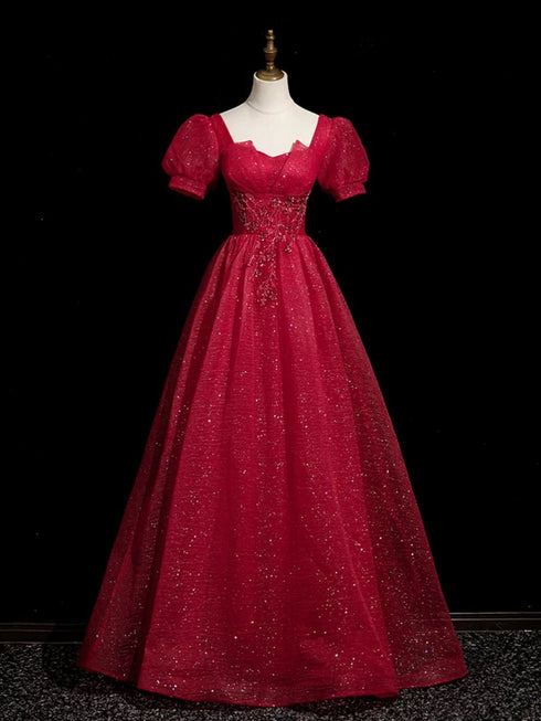 Wine Red Beaded Short Sleevs A-line Party Dress, Wine Red Tulle Long Prom Dress