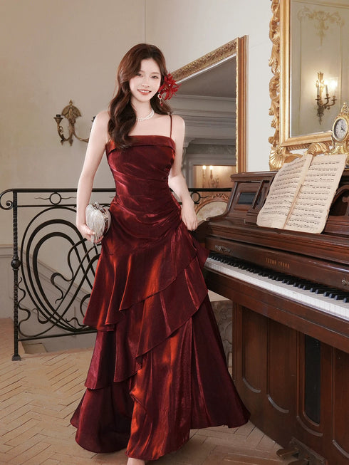 Wine Red Satin Mermaid Long Evening Dress, Wine Red Strps Formal Dress Prom Dress