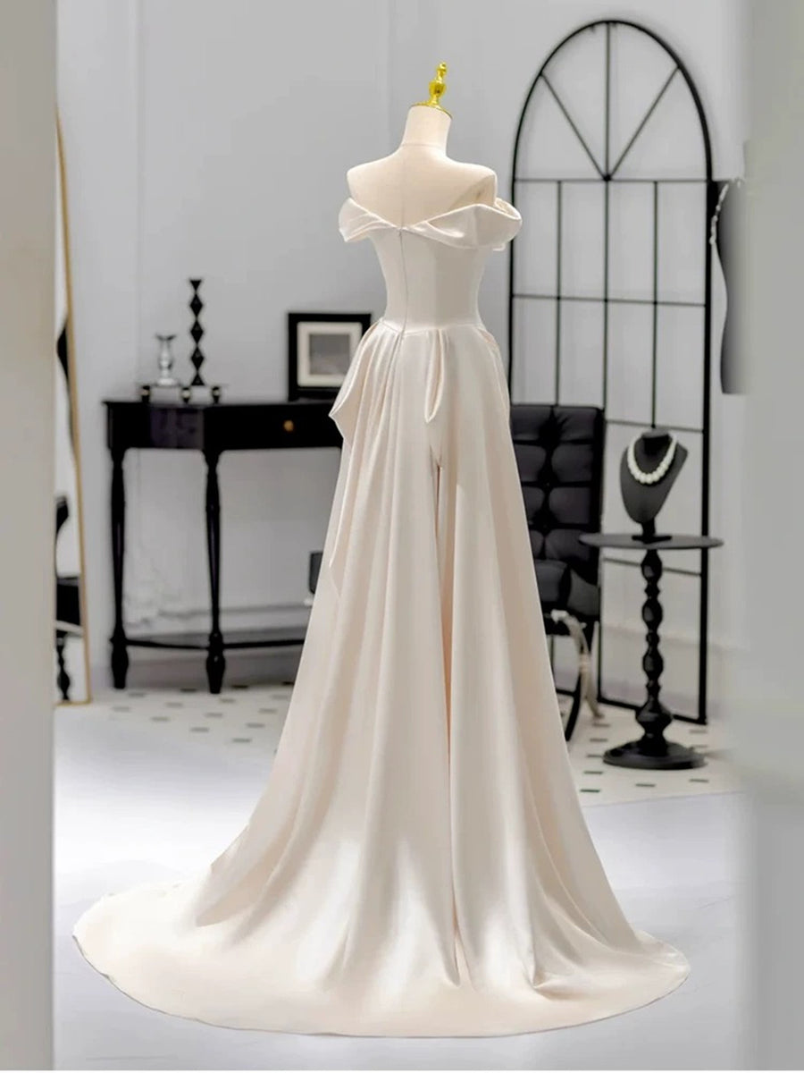 Ivory Satin Off Shoulder A-line Party Dress, Ivory Satin Long Prom Dre