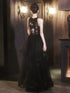Black Sequins and Tulle Long Party Dress, Black Chic Beaded Floor Length Prom Dress