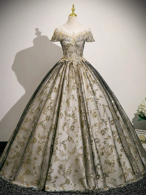 A-line Round Neckline Floral Lace And Tulle Party Dress, Lace Applique Long Sweet 16 Dress