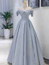 Blue Satin Beaded Off Shoulder A-line Prom Dress, Blue Long Party Dress Evening Dress