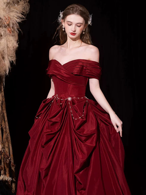 Wine Red Sweetheart Off Shoulder Long Party Dress, A-line Wine Red Beaded Prom Dress