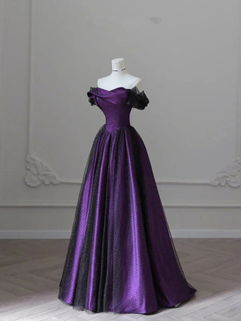 Elegant Off Shoulder Sweetheart Ball Gown Royal Formal Dress, A-line Black and Purple Party Dress