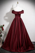 Wine Red Off Shoulder A-line Satin Floor Length Party Dress, Wine Red Long Evening Dress
