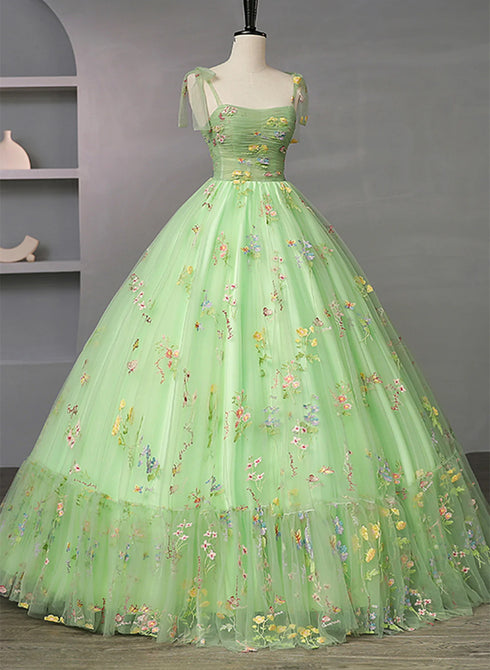 Light Green Tulle Straps Ball Gown Party Dress, Light Green Formal Dress