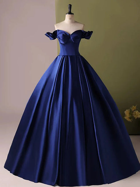 Blue Satin Off Shoulder Sweetheart Floor Length Prom Dress, Blue Satin Evening Dress