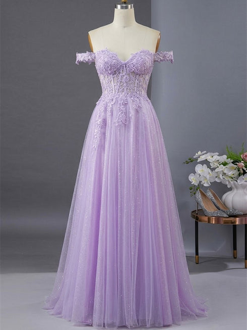 Off Shoulder Sweetheart Light Purple Shiny Lace Prom Dress, A-line Long Evening Dress