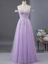 Off Shoulder Sweetheart Light Purple Shiny Lace Prom Dress, A-line Long Evening Dress
